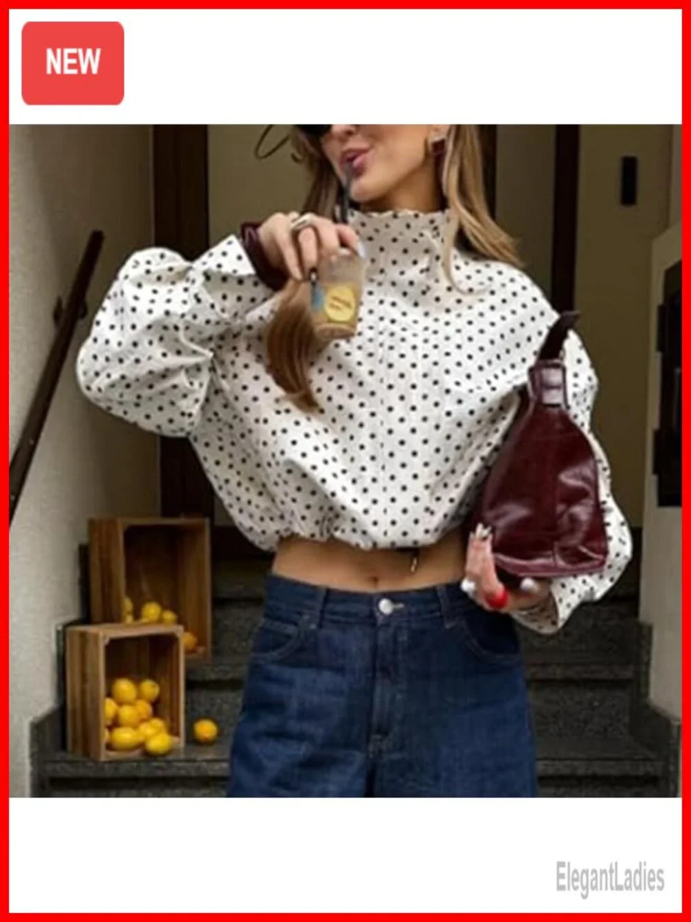 Women Polka Dot Cropped Jacket Zip Up Long Sleeve with Pockets Casual Spring